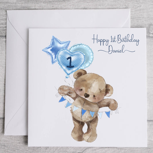 Blue Bear 1st Birthday Card