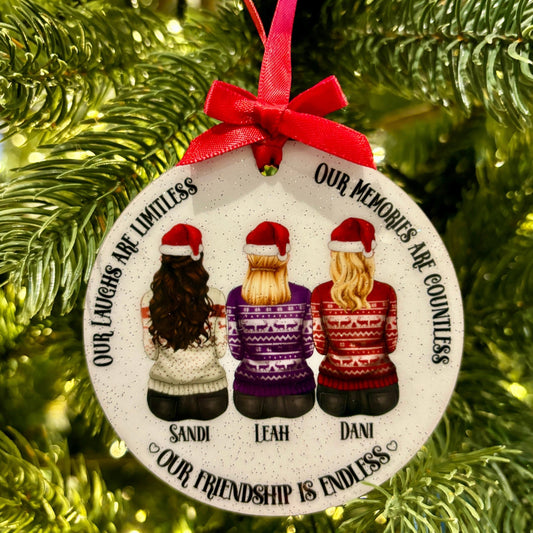 Personalised friendship bauble with names and festive ribbon