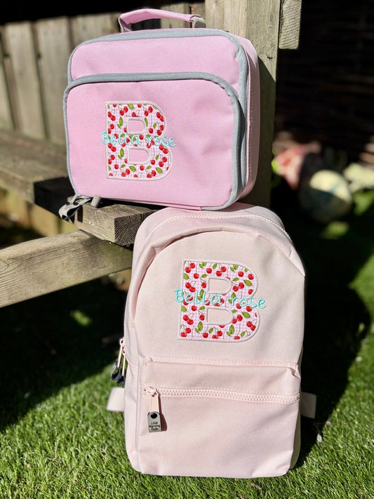 Personalised Baby Pink Cherry Initial Backpack & Lunch Bag Set – Cute School Bag for Girls - Little Mamma Duck