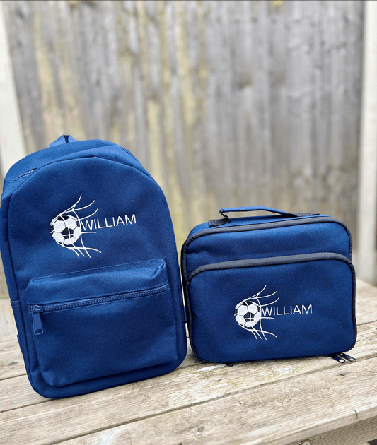 Personalised Football Theme Navy Rucksack & Lunch Bag Set - Little Mamma Duck