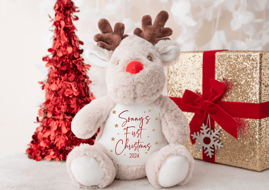 Personalised reindeer teddy with “My 1st Christmas 2025” and baby’s name on tummy