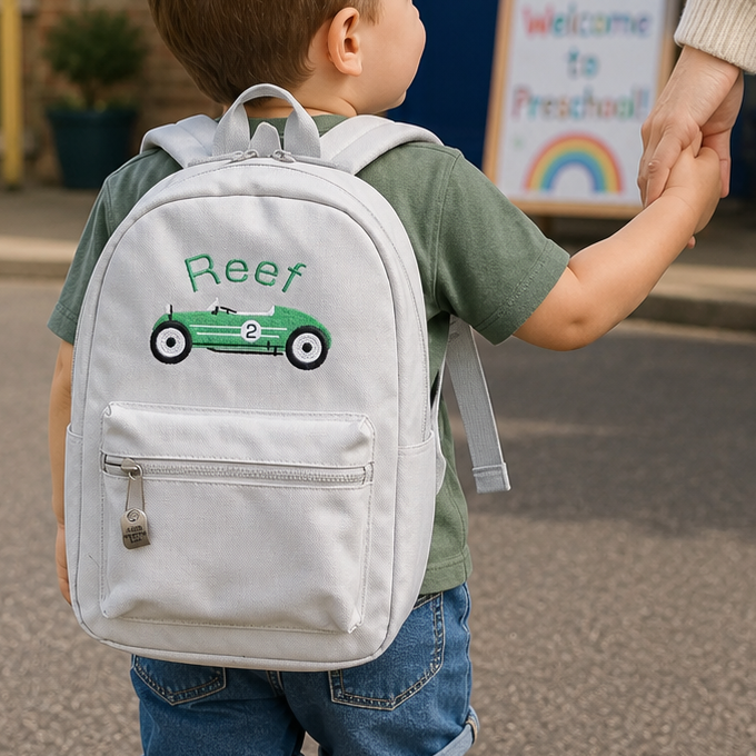 Vintage Green Car Rucksack for Kids – Custom Embroidered Backpack