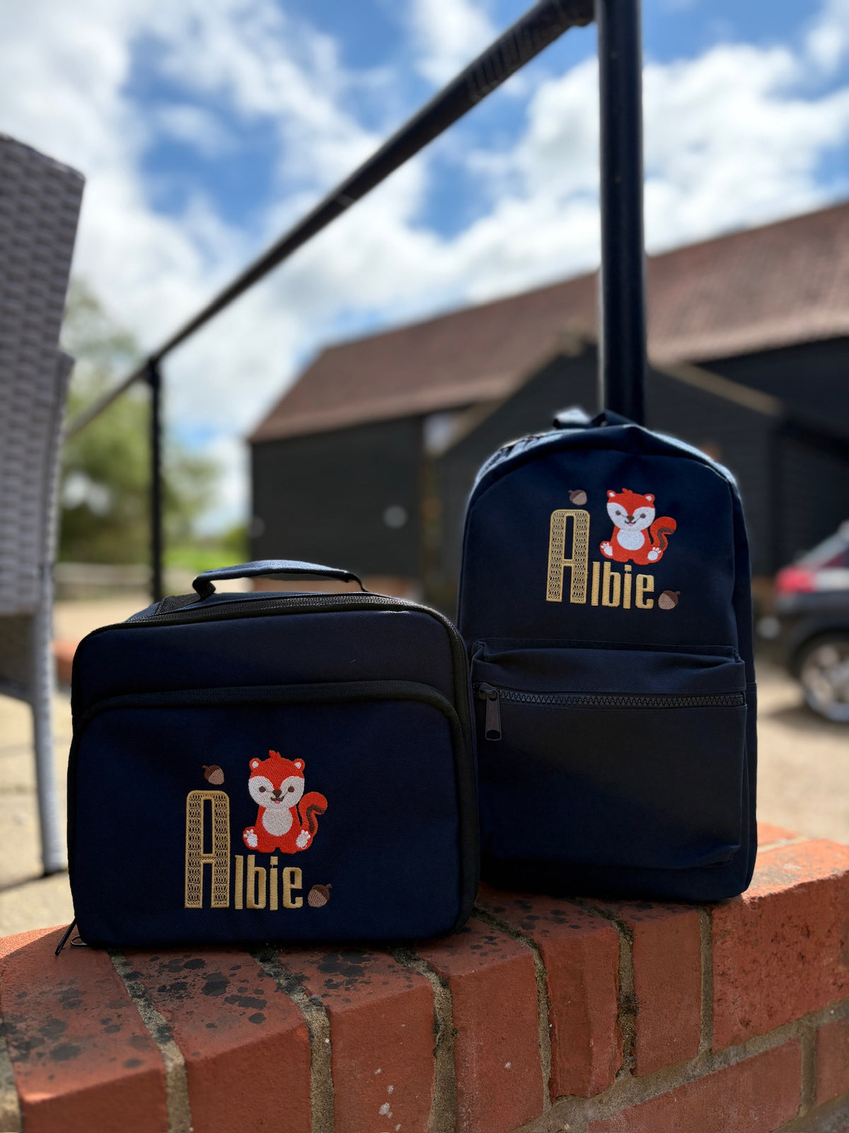Personalised woodland squirrel backpack and lunch bag set for kids