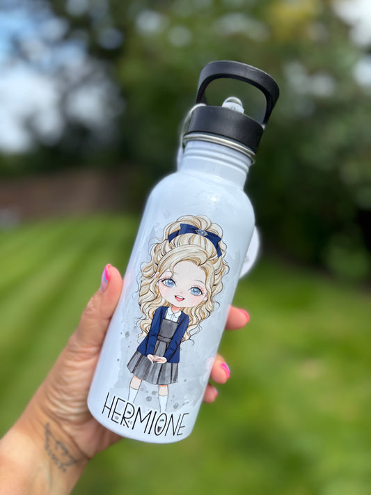 Water bottle with a character design and 'Hermione' text, held outdoors.
