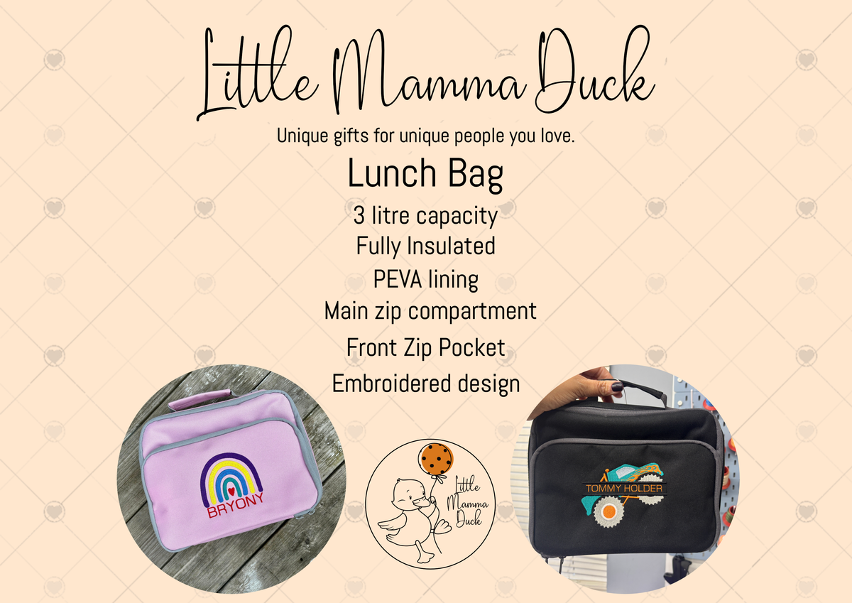 Insulated lunch bag for kids with carry handle and zip closure