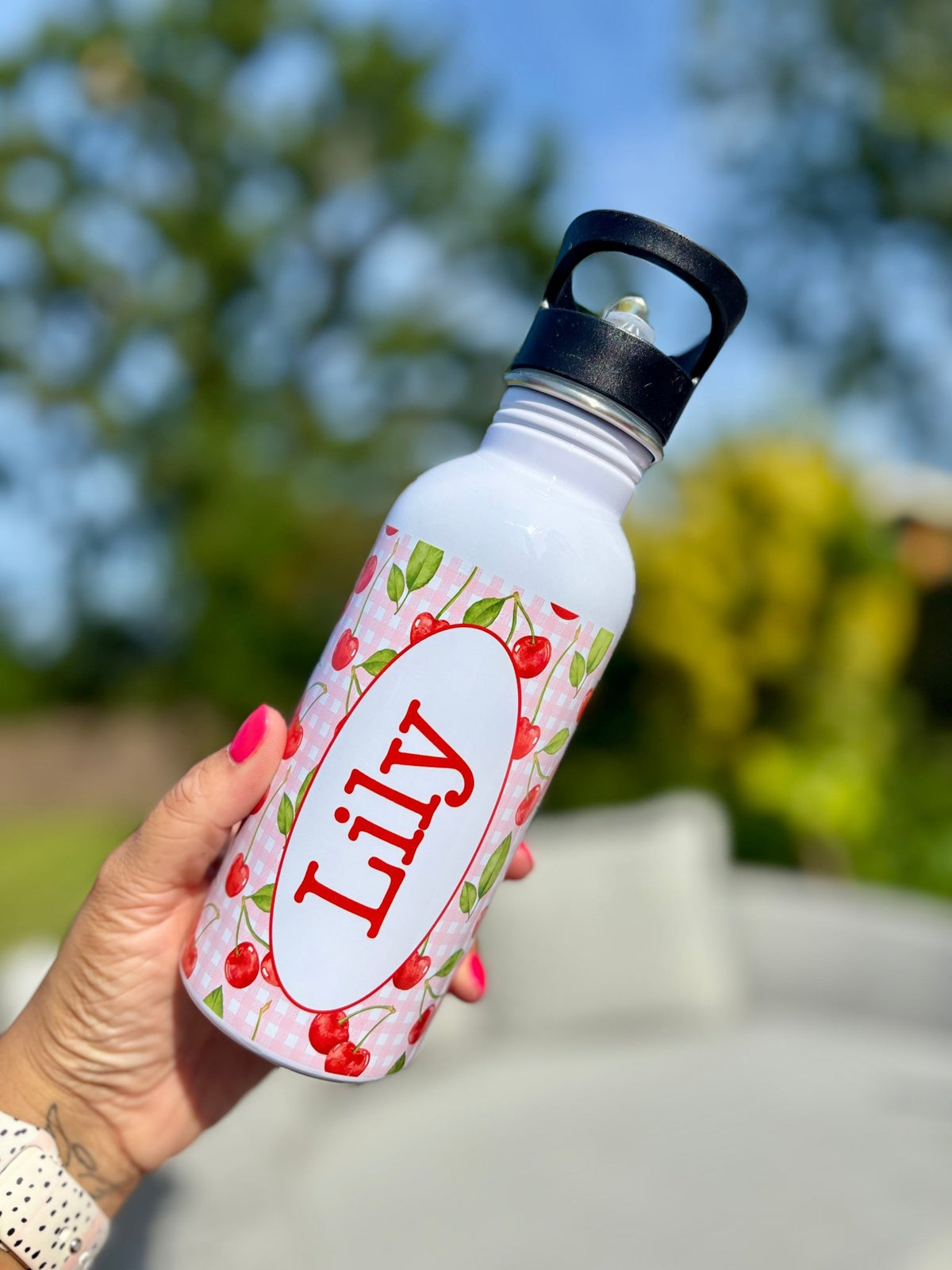 Cherry & Gingham Water Bottle - Little Mamma Duck