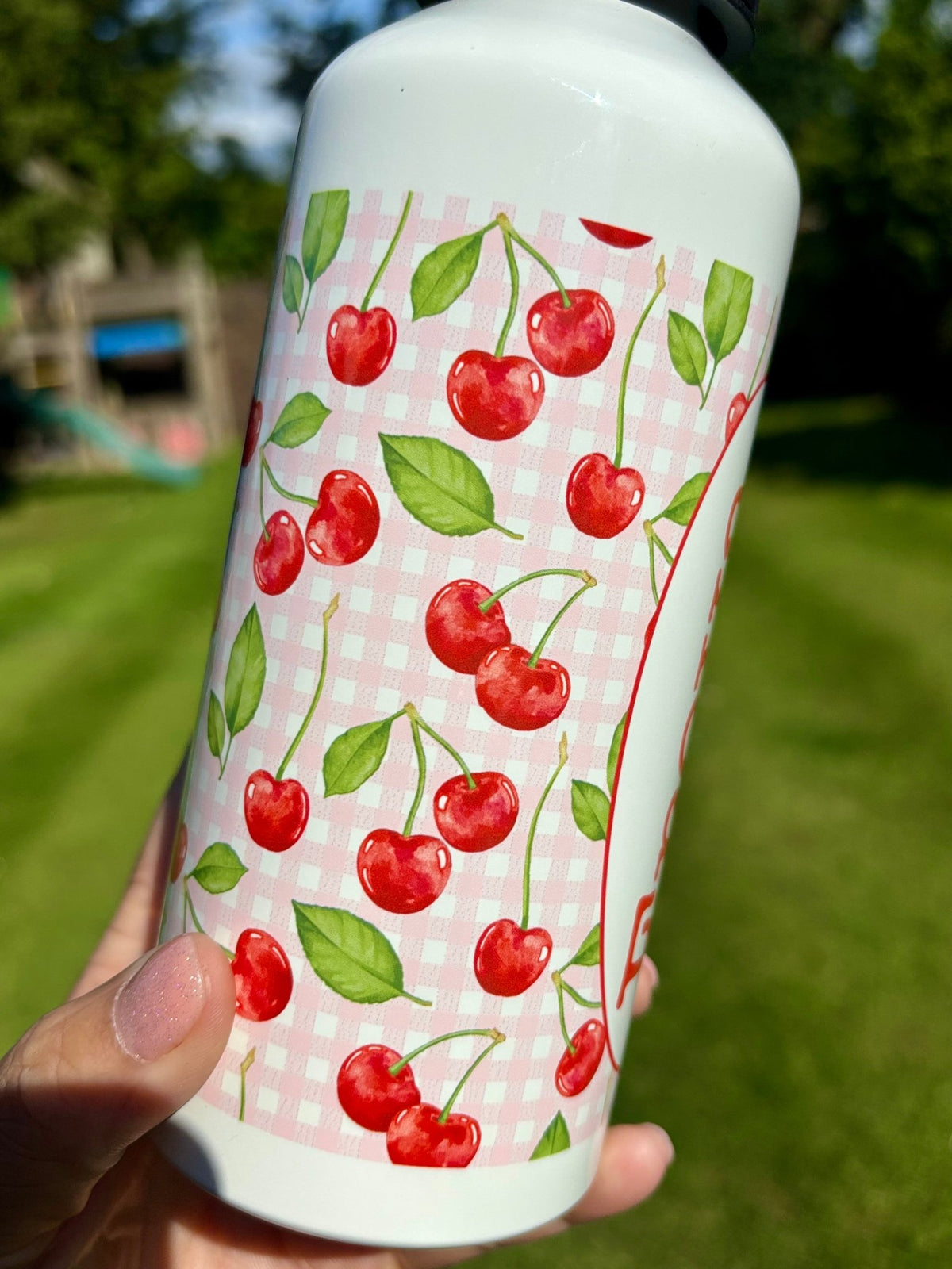 Cherry & Gingham Water Bottle | Sports Cap - Little Mamma Duck