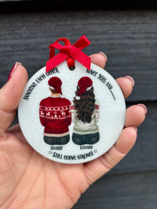 Funny couple bauble reading “Annoying each other since 2017 and still going strong