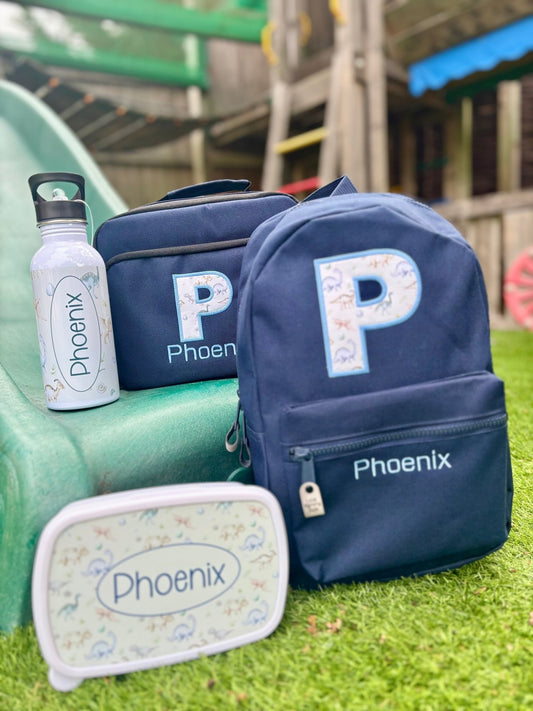Dinosaur Personalised Set – Rucksack, Lunch Bag, Lunch Box & Water Bottle - Little Mamma Duck