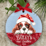 Close-up of personalised dog decoration on Christmas tree