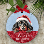 Custom pet ornament featuring dog name and festive design