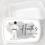 Personalised karate lunch box with child's name and martial arts design.
