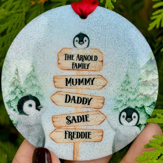 Penguin Signpost Glitter Bauble - Little Mamma Duck