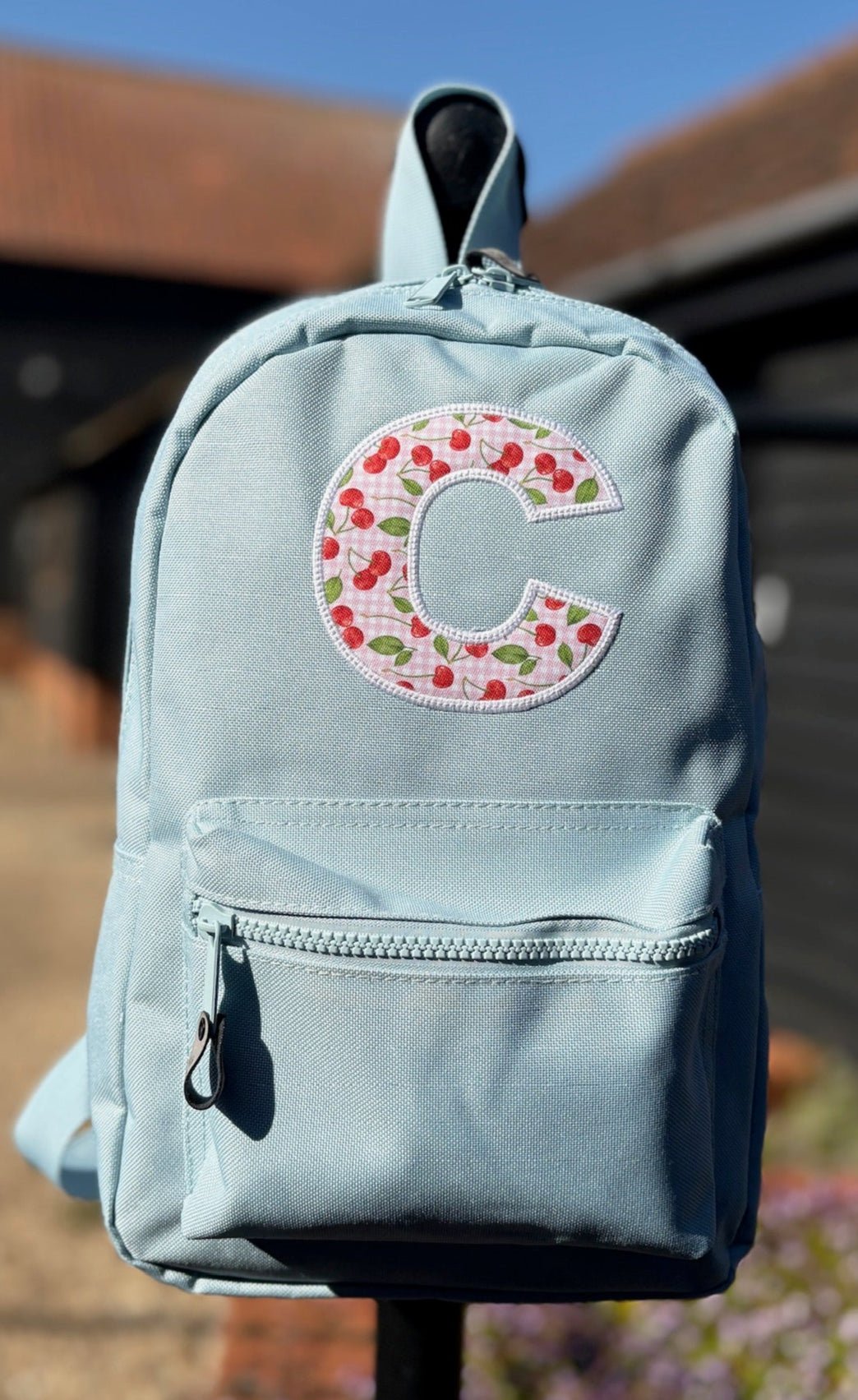 Personalised Baby Blue Initial Cherry Design Backpack - applique - Little Mamma Duck