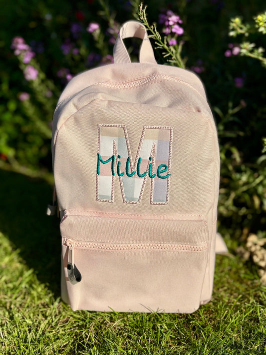 Personalised Baby Pink Gingham Backpack – Appliqué Initial Design - Little Mamma Duck