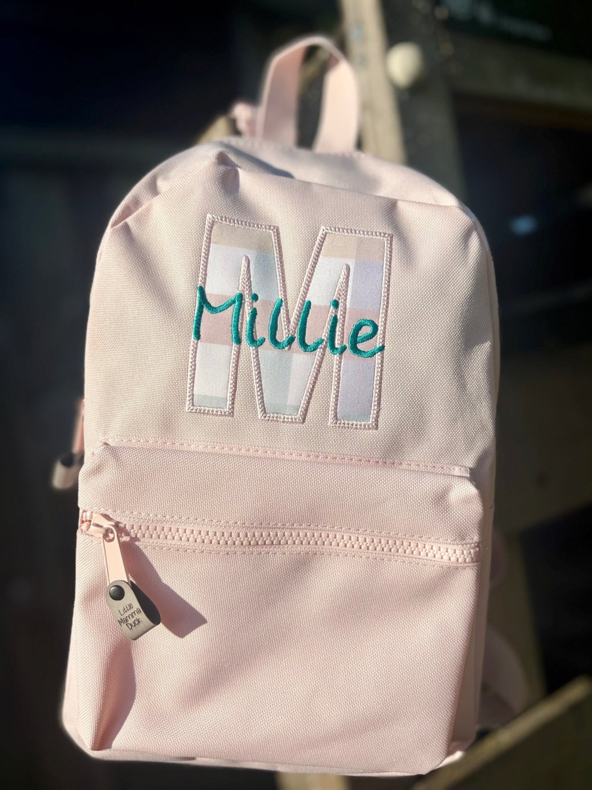 Personalised Baby Pink Gingham Backpack – Appliqué Initial Design - Little Mamma Duck