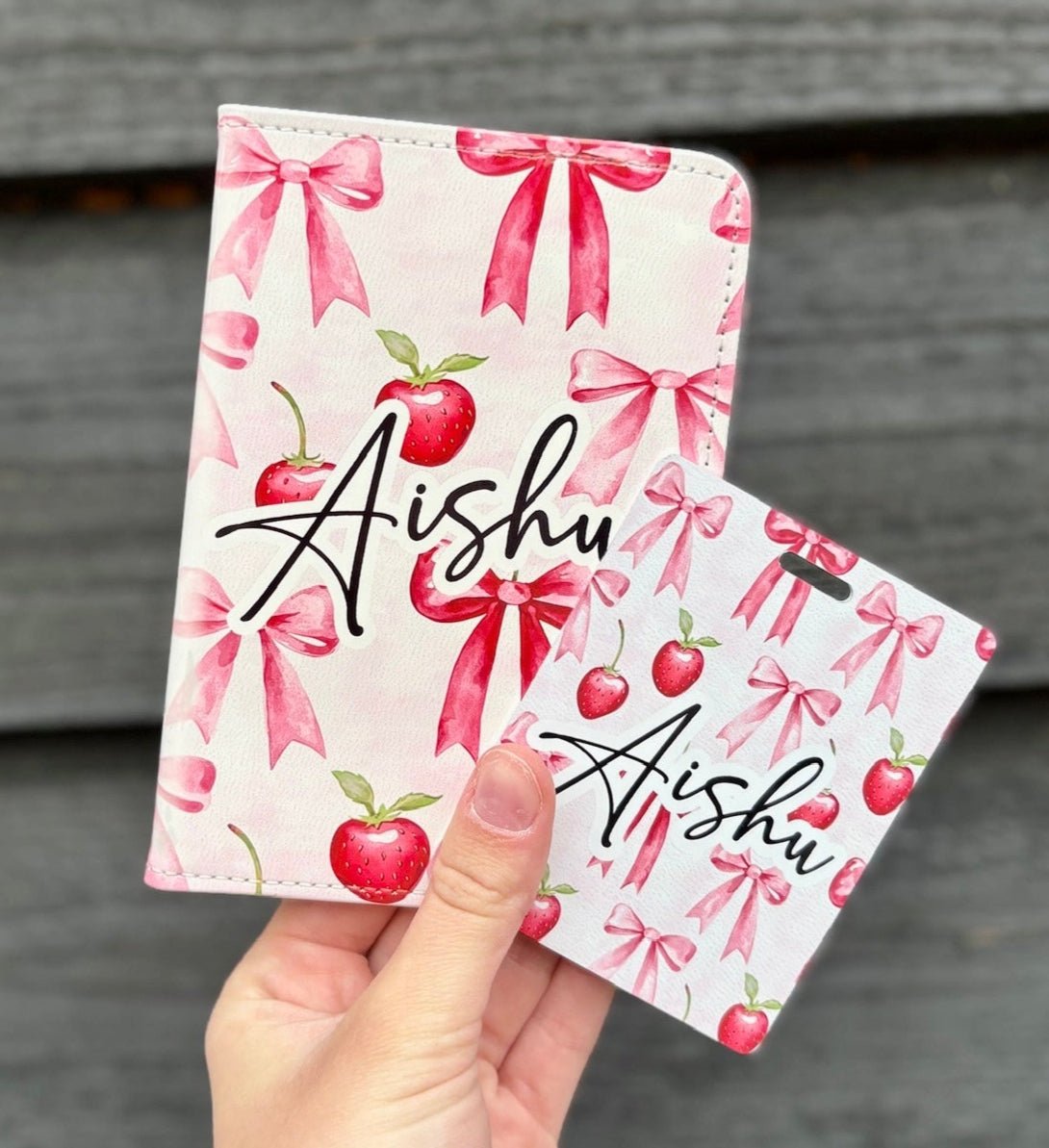 Personalised Cherry & Bows Passport Cover & Luggage Tag Set – Custom Travel Gift - Little Mamma Duck