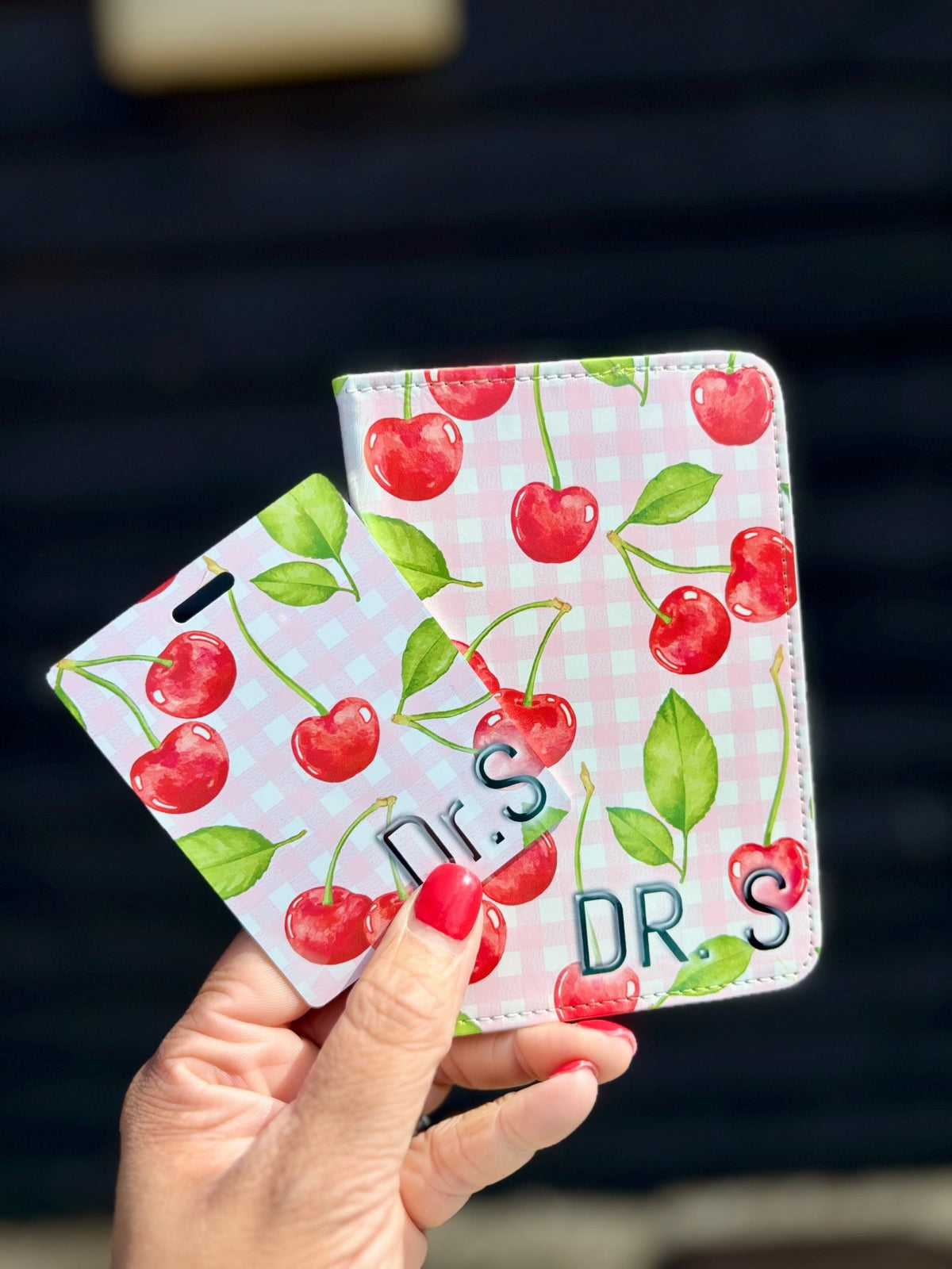 Personalised Cherry Gingham Passport Cover & Luggage Tag Set – Travel in Style! - Little Mamma Duck