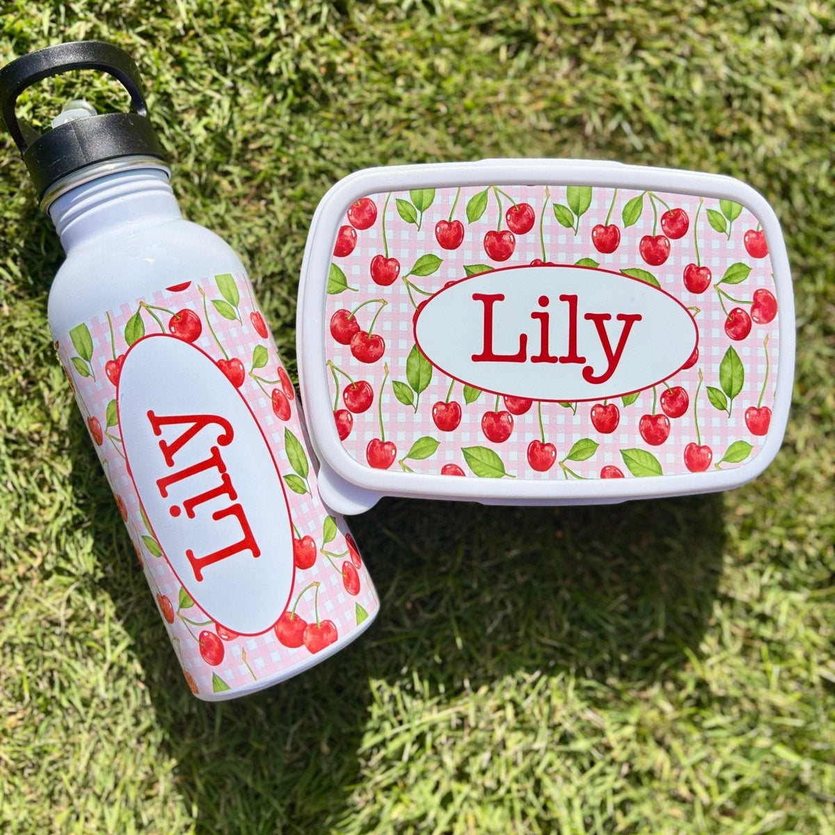Personalised Cherry Lunch Box & Water Bottle Set - Little Mamma Duck