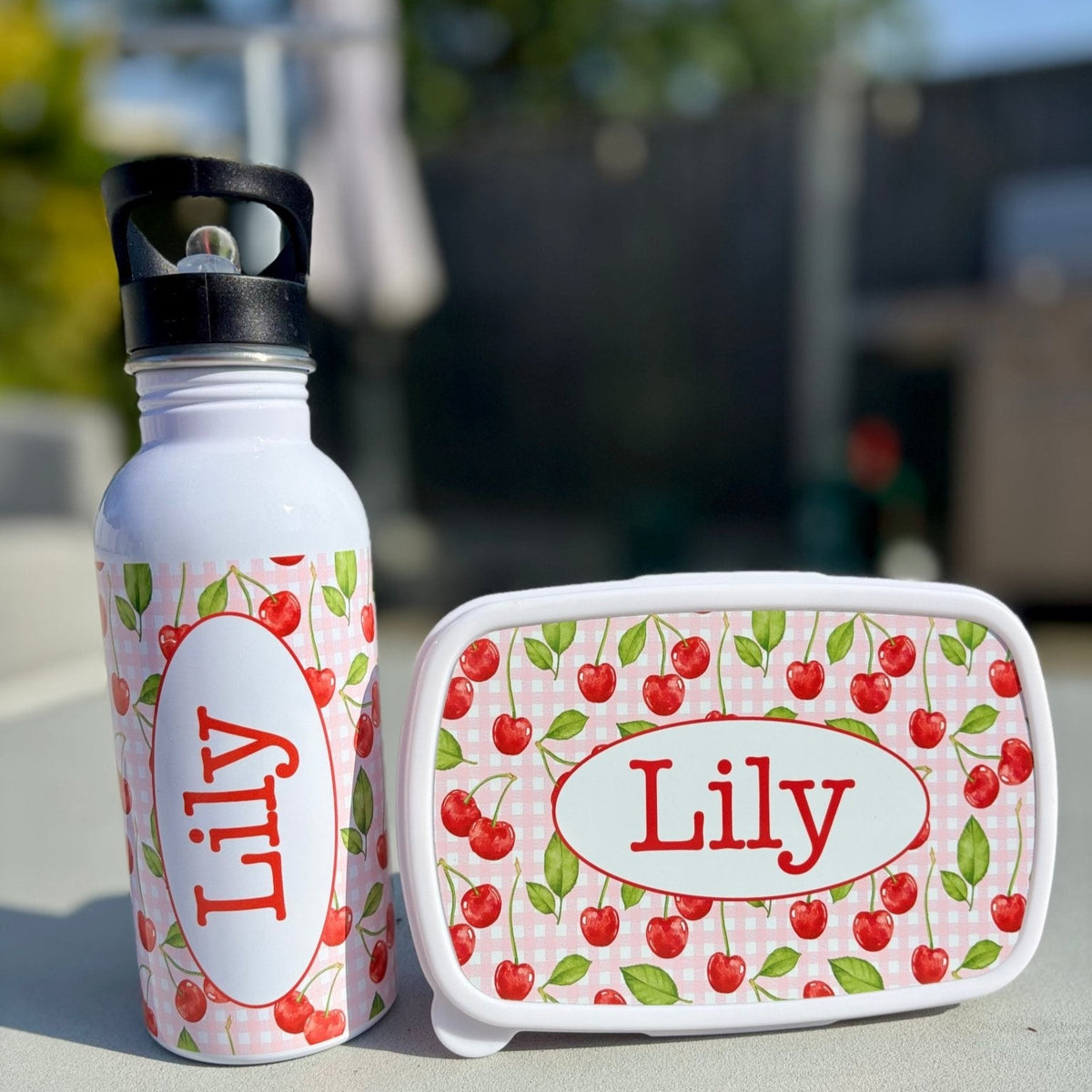 Personalised Cherry Lunch Box & Water Bottle Set - Little Mamma Duck