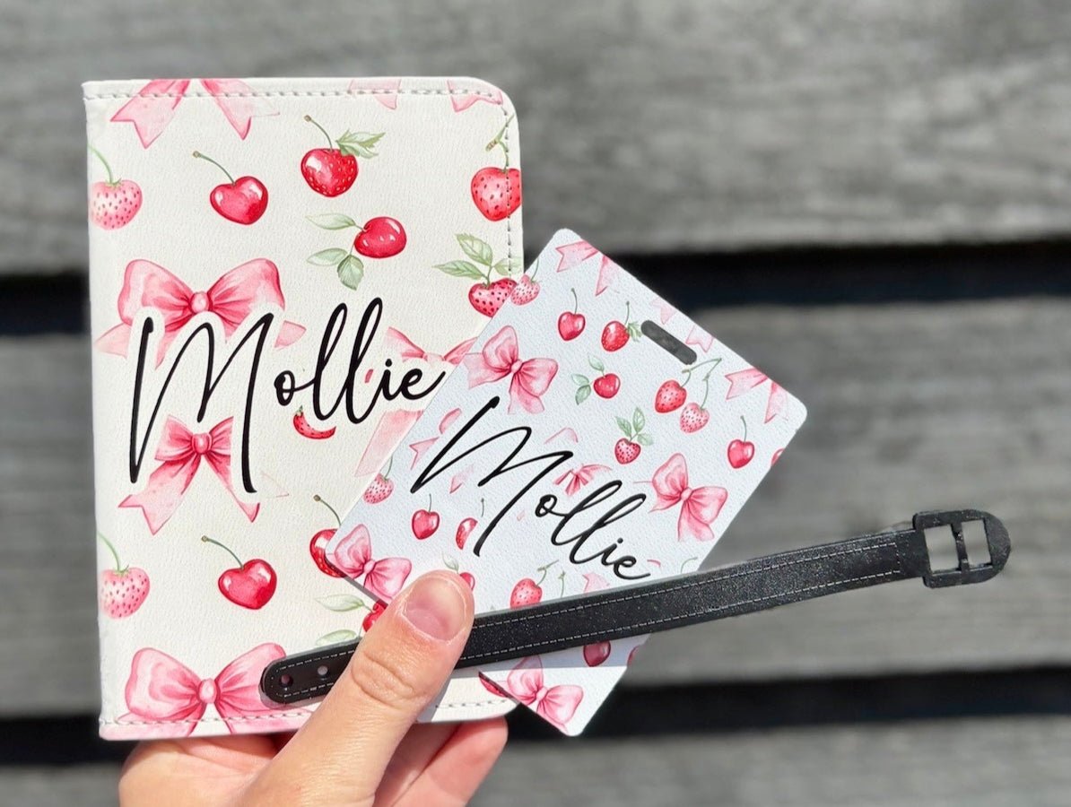 Personalised Cherry, Strawberries & Bows Travel Set – Passport Cover & Luggage Tag - Little Mamma Duck