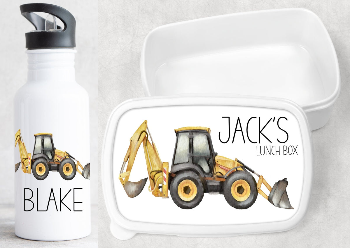 Personalised Digger Water Bottle & Lunch Box Set - Little Mamma Duck