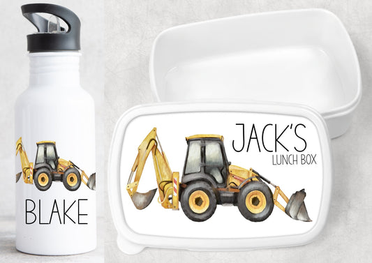 Personalised Digger Water Bottle & Lunch Box Set - Little Mamma Duck