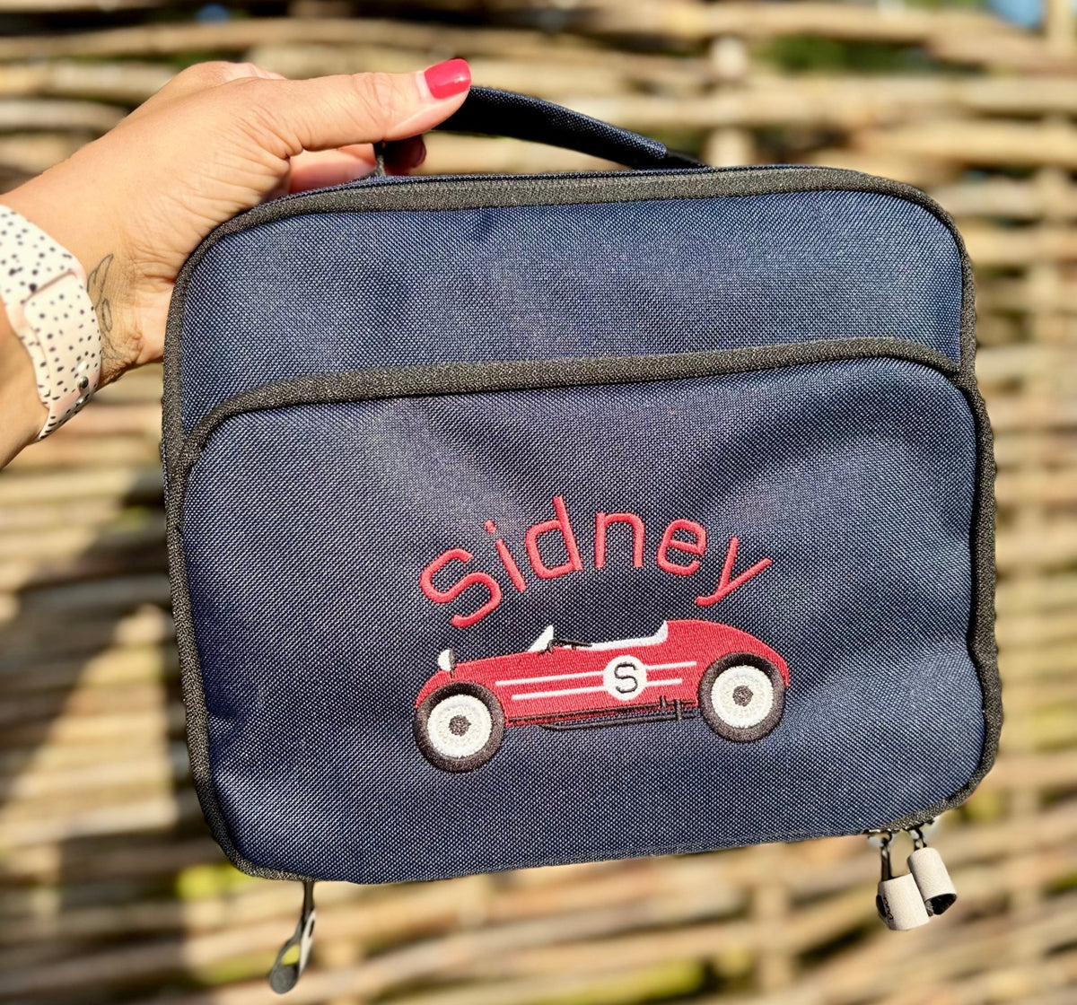 Personalised Embroidered Vintage Car Navy Insulated Lunch Bag - Little Mamma Duck