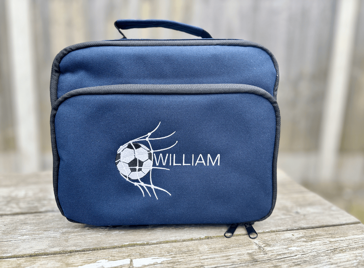 Personalised Football Theme Navy Rucksack & Lunch Bag Set - Little Mamma Duck