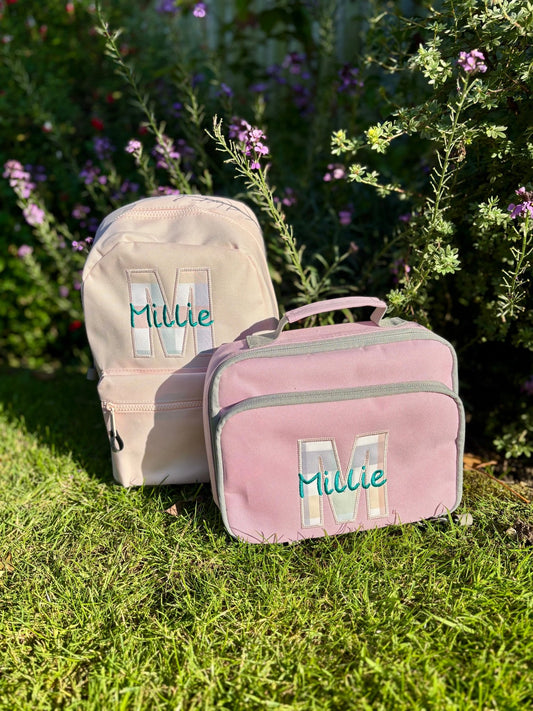 Personalised Gingham Initial Name Backpack and Lunch Bag – Baby Pink - Little Mamma Duck