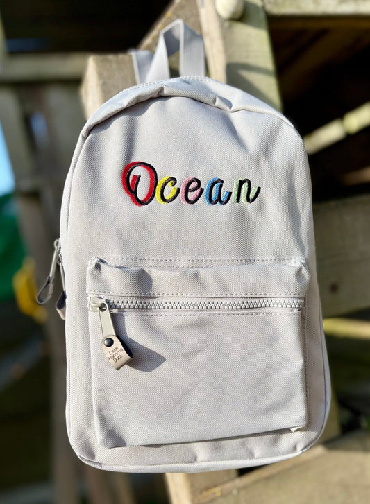 Personalised Grey Rucksack with Shadow Script Name - Little Mamma Duck