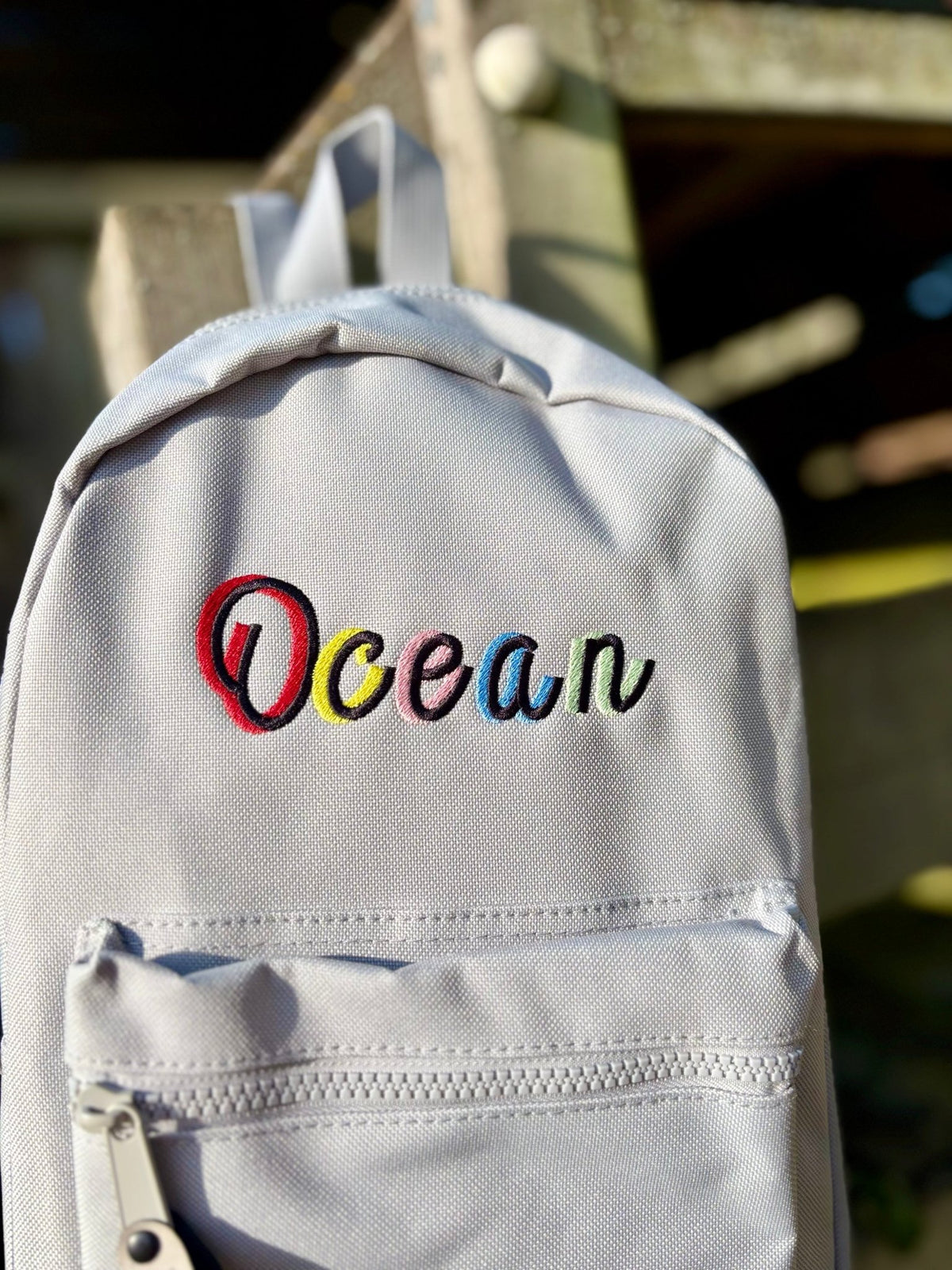 Personalised Grey Rucksack with Shadow Script Name - Little Mamma Duck