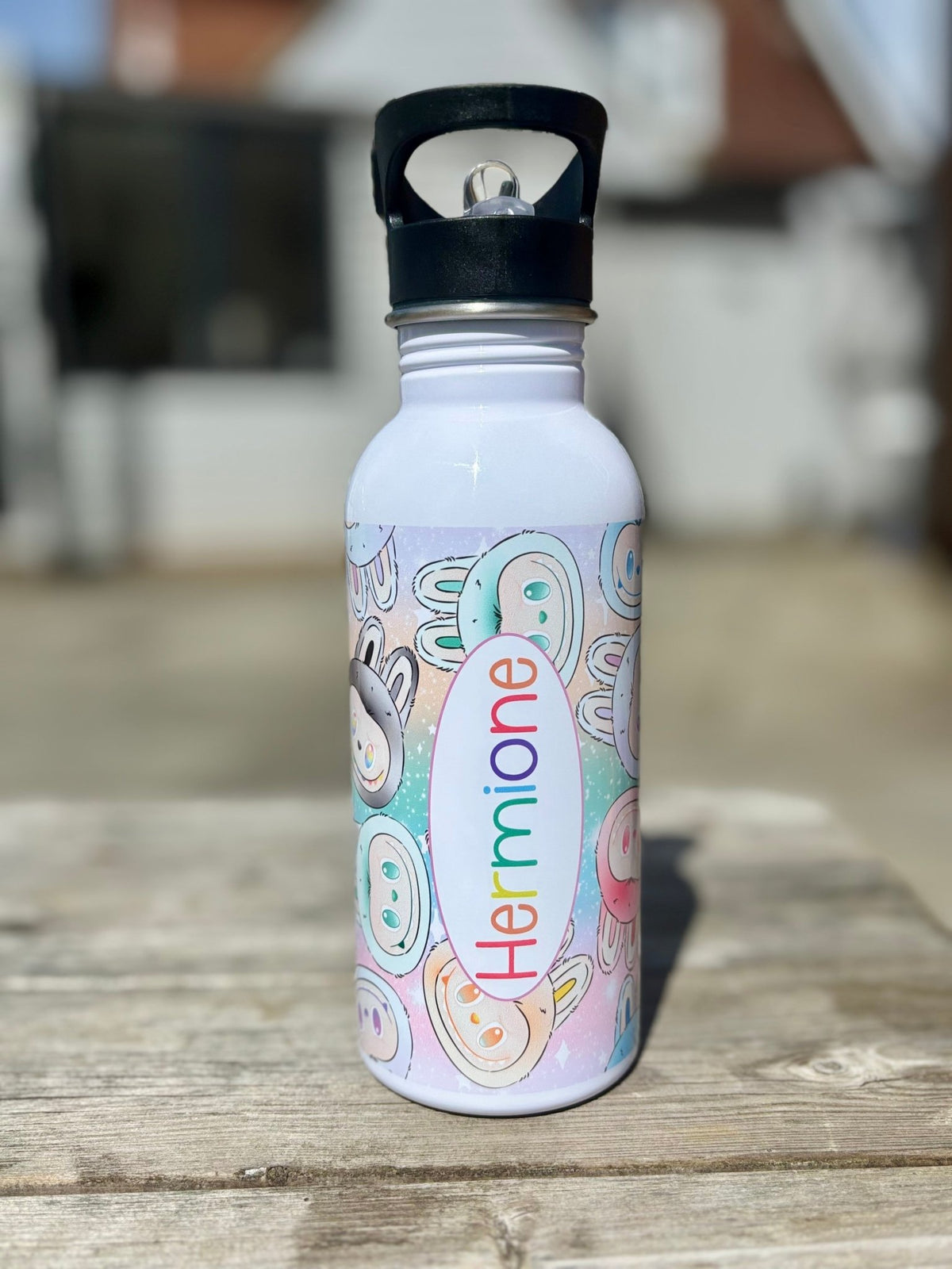 Personalised Labubu Inspired Kids Water Bottle - Rainbow background - Little Mamma Duck