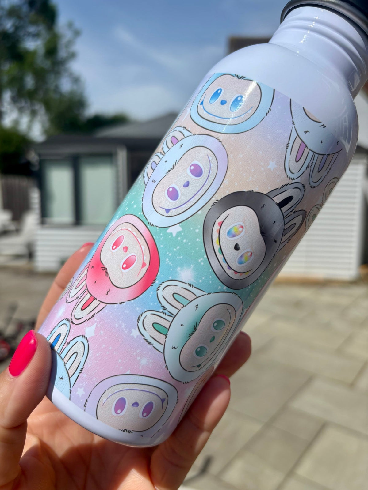 Personalised Labubu Inspired Kids Water Bottle - Rainbow background - Little Mamma Duck