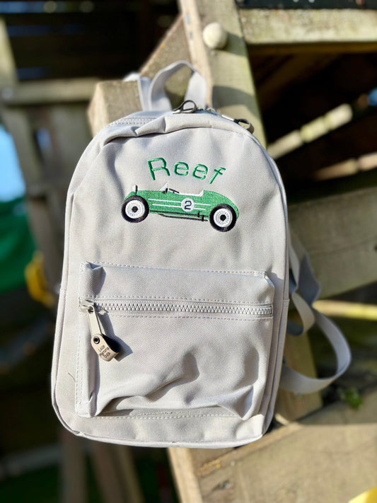 Personalised Light Grey Vintage Car Rucksack - Little Mamma Duck