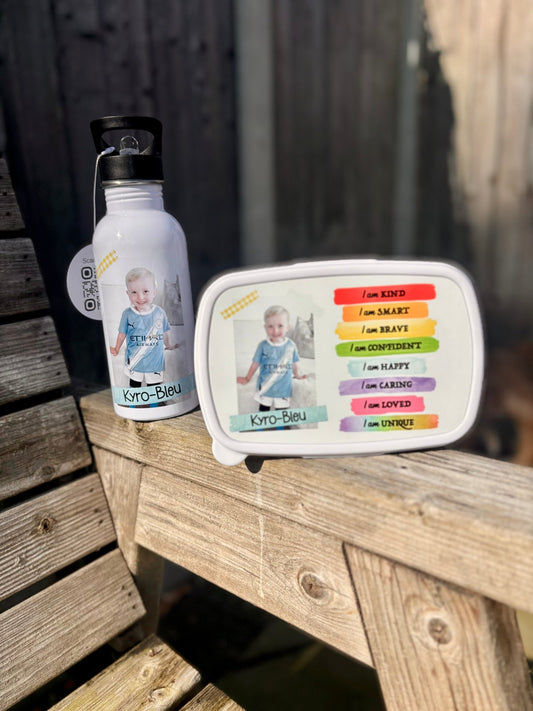 Personalised Photo & Affirmations Lunch Box & Water Bottle Set – Custom Kids School Set - Little Mamma Duck