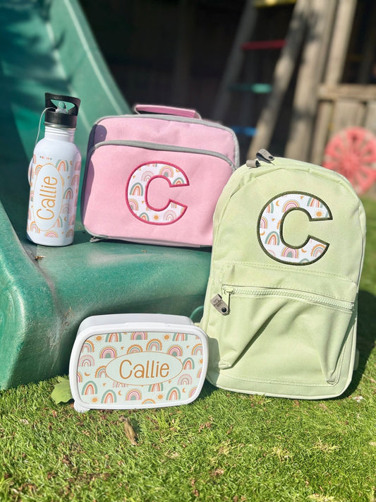 Personalised rainbow Full Set – Rucksack, Lunch Bag, Lunch Box & Water Bottle - Little Mamma Duck