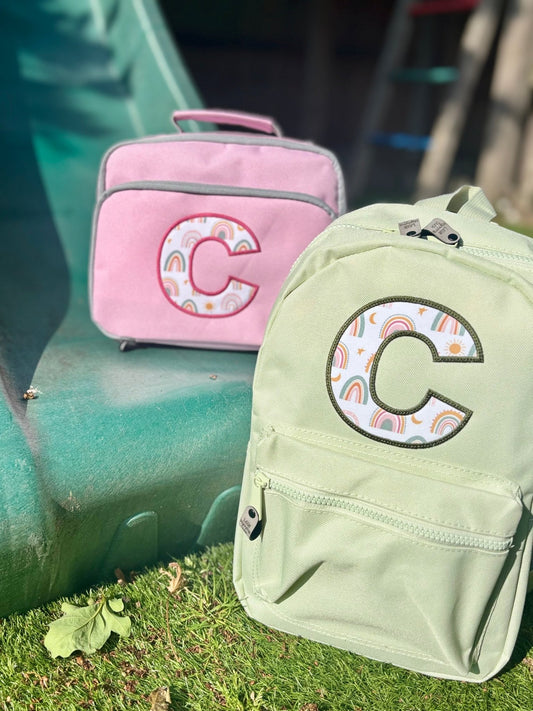 Personalised Rainbow Initial Rucksack & Lunch Bag Set – Mint & Pink - Little Mamma Duck