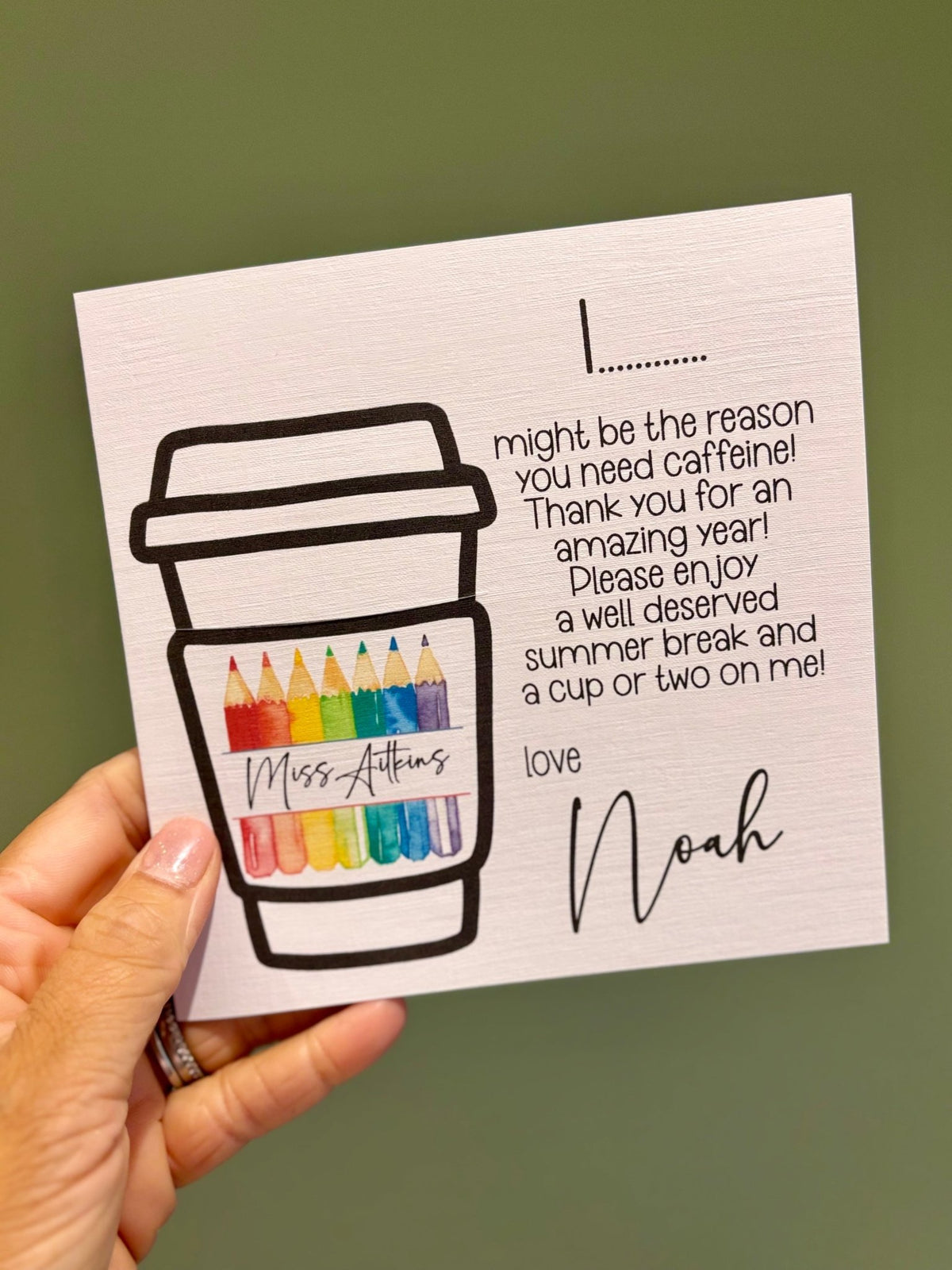 Personalised Rainbow Pencil Teacher Card + Gift Voucher Slot - Little Mamma Duck
