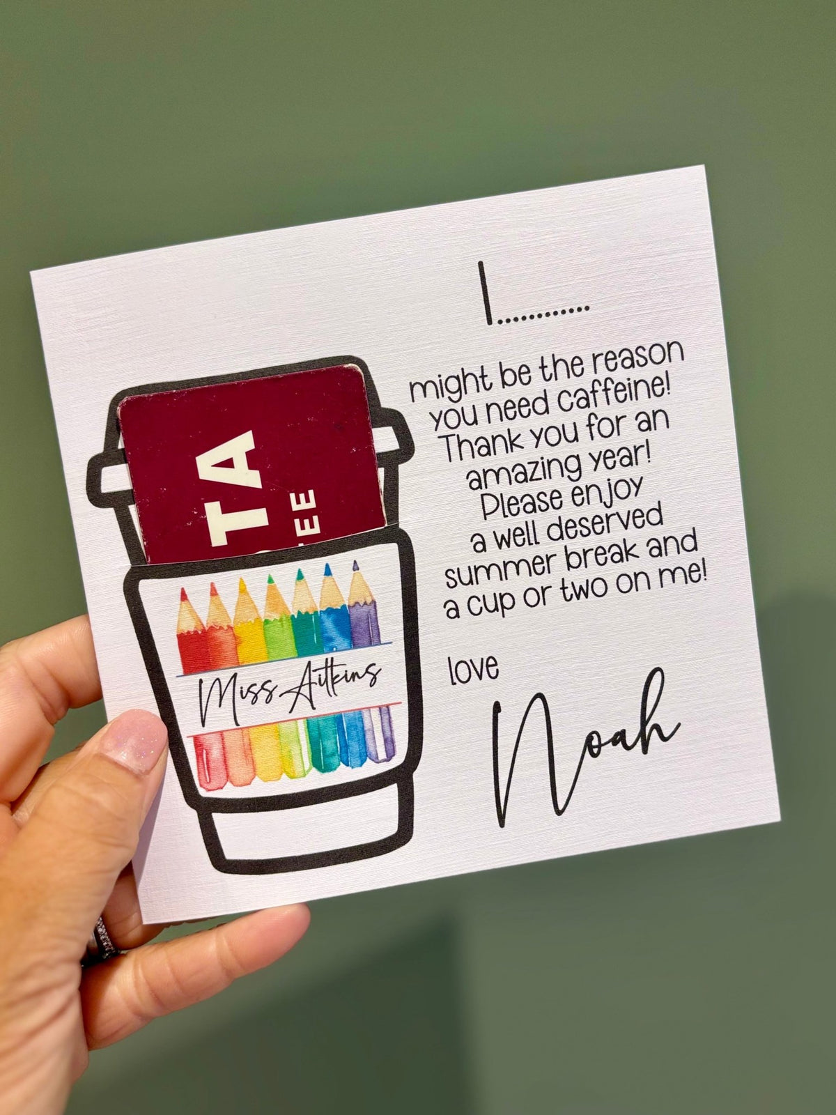 Personalised Rainbow Pencil Teacher Card + Gift Voucher Slot - Little Mamma Duck