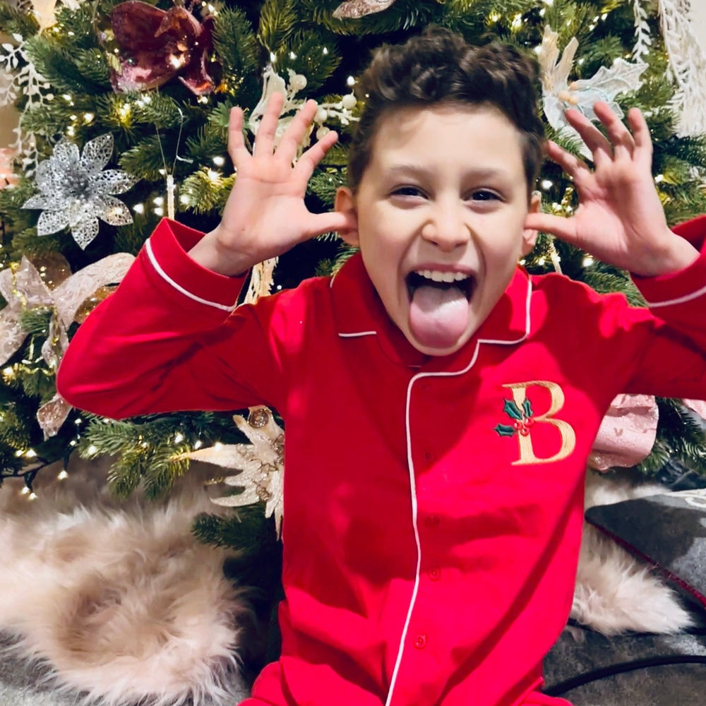 Personalised Red Christmas Pyjamas – Children's Embroidered Holly Initial - Little Mamma Duck