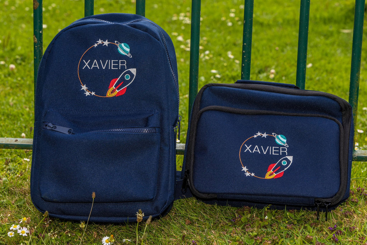 Personalised Space Theme Navy Rucksack & Lunch Bag - Little Mamma Duck