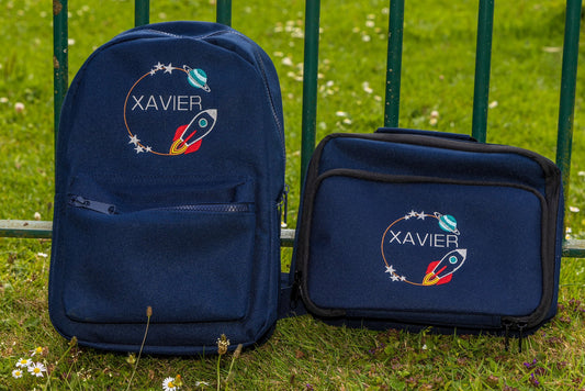 Personalised Space Theme Navy Rucksack & Lunch Bag - Little Mamma Duck