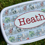 Personalised kids lunch box with superhero theme and name