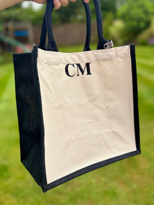 Personalised Teacher Jute Tote Bag | Black Initial Design - Little Mamma Duck