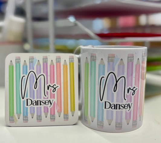 Personalised Teacher Pencil Design Mug & Coaster Set - Little Mamma Duck