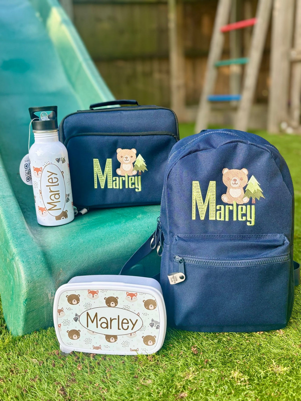 Personalised Woodland Full Set – Rucksack, Lunch Bag, Lunch Box & Water Bottle - Little Mamma Duck