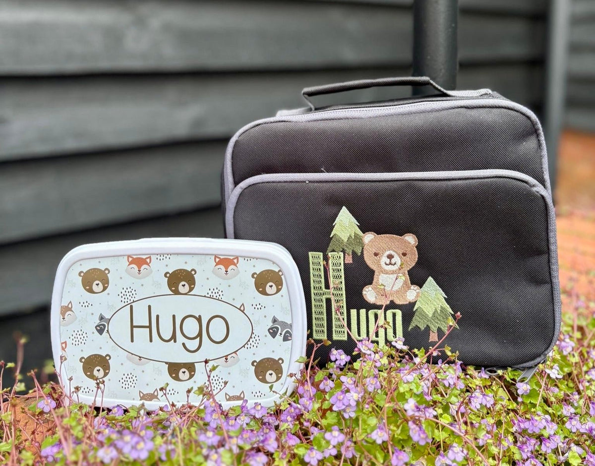 Back-to-school woodland set for children with personalised school supplies.
