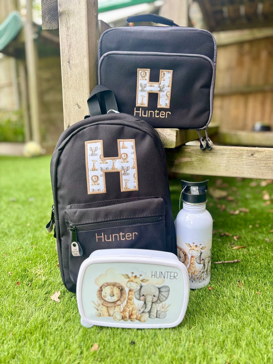 Safari Personalised Set – Rucksack, Lunch Bag, Lunch Box & Water Bottle - Little Mamma Duck