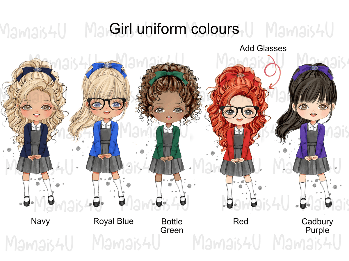 School Girl, Space Bun Hair, Uniform Water Bottle - Little Mamma Duck